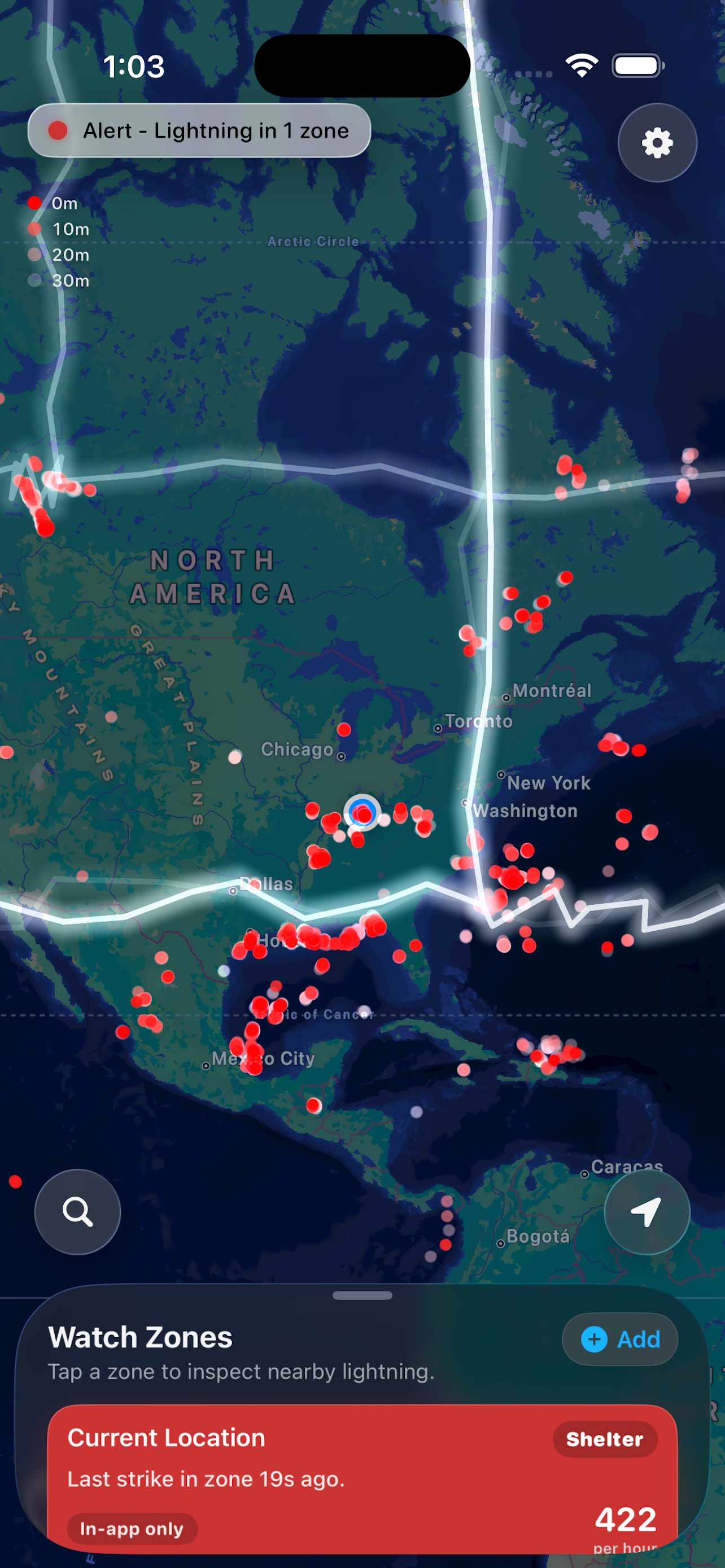 Bolted live lightning map with recent strikes across North America
